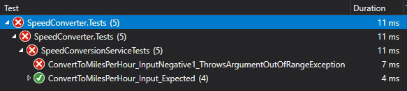 Visual Studio 2019 shows a failing test